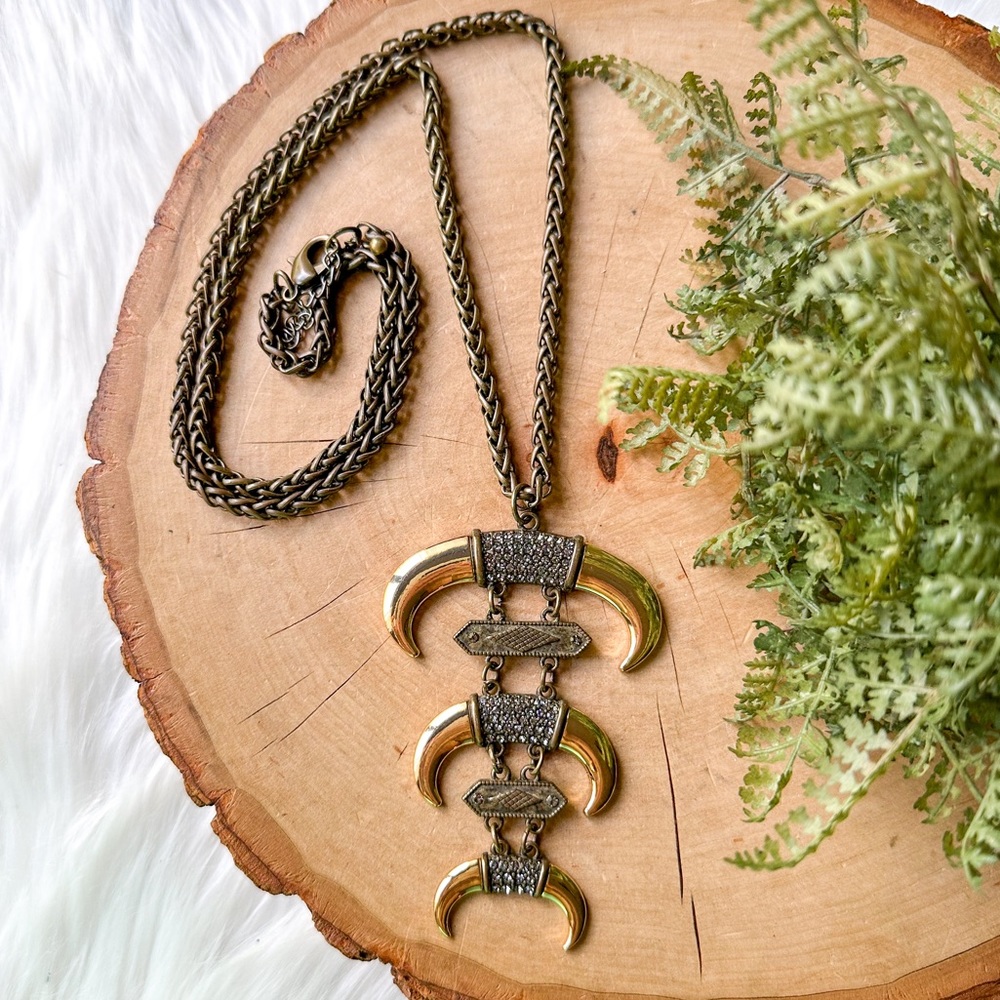 BB Rhinestone Triple Crescent Horn Pendant Boho Southwestern Gold Necklace